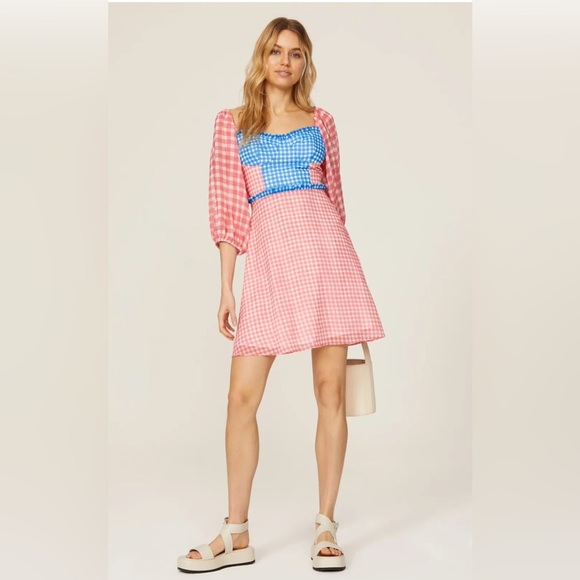 Slate & Willow Dresses & Skirts - Slate & Willow Gingham Mini Dress Pink & Blue Lined Ruffle Detail Size 14 Flirty